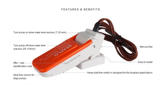 Interrupteur à flotteur, série 01, 12 V, 20 A max.